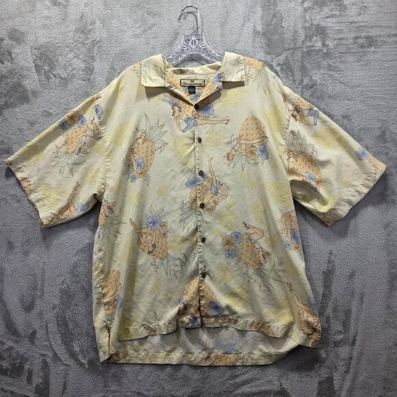 Tommy Bahama Shirt Mens XL Yellow Silk Floral Pinup Hula Girl Hawaiian Button Up - Picture 1 of 10